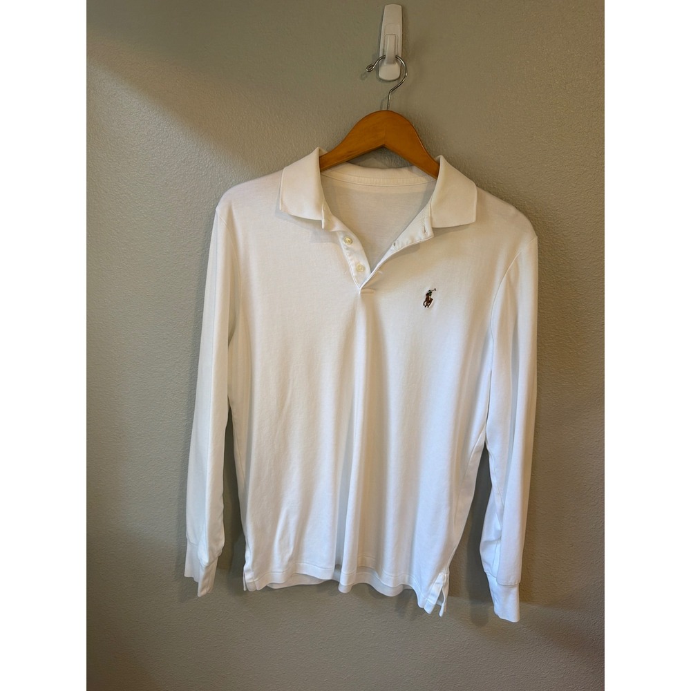 Ralph Lauren Polo Shirt Men L White Long Sleeve Cotton Colored Pony Logo